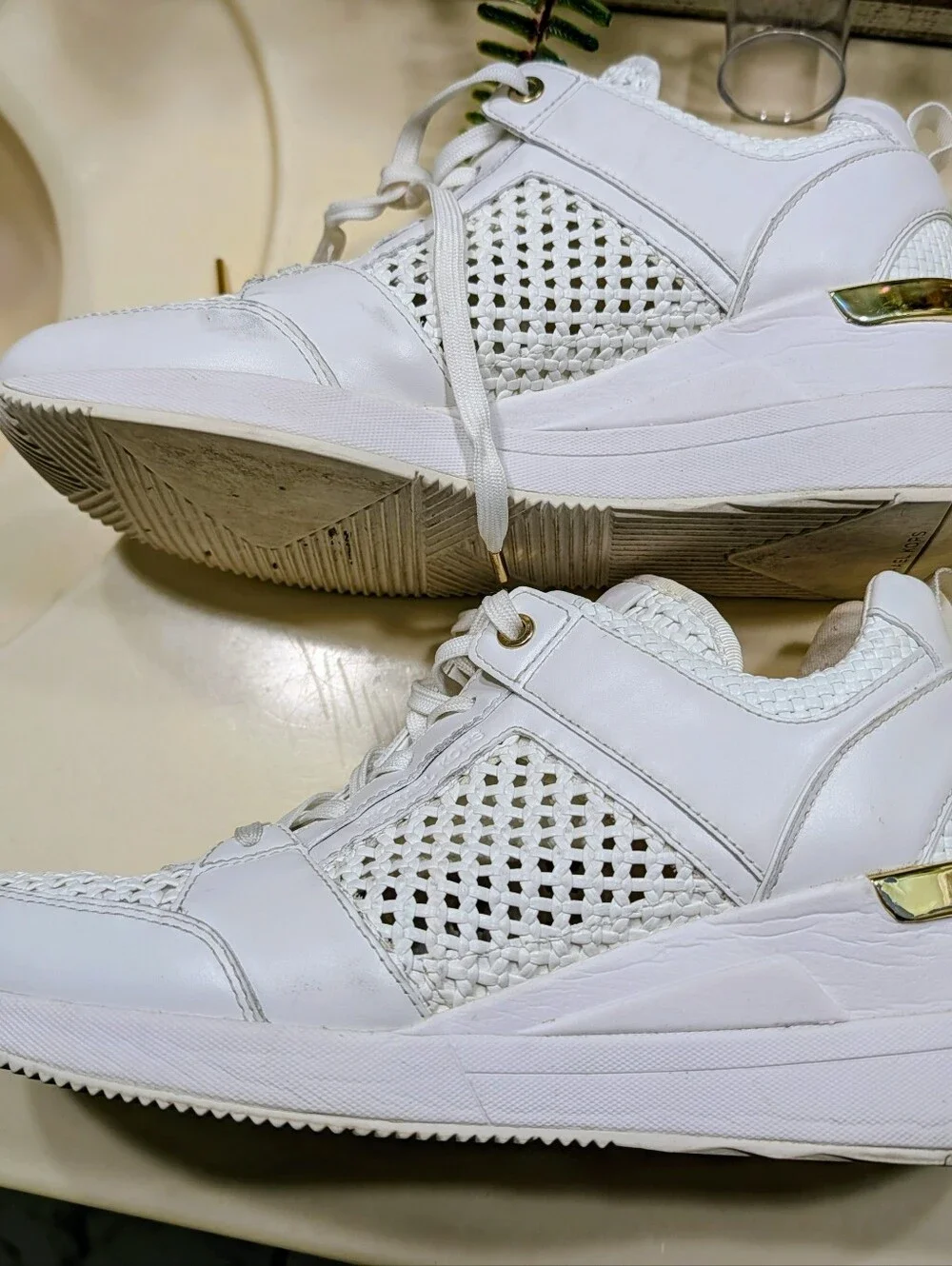 Michael Kors Georgie White Woven 8.5 Platform Sneakers with Gold Heel Accent.